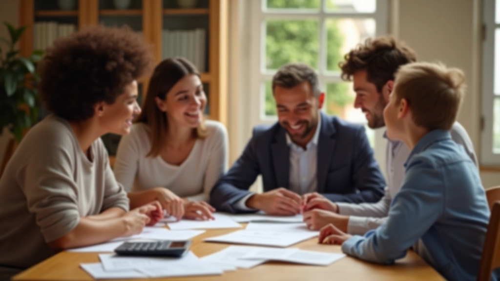 Famille discutant autour d'une table avec documents financiers et calculatrice