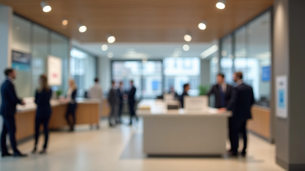 Banque française avec portes vitrées et personnel d'accueil