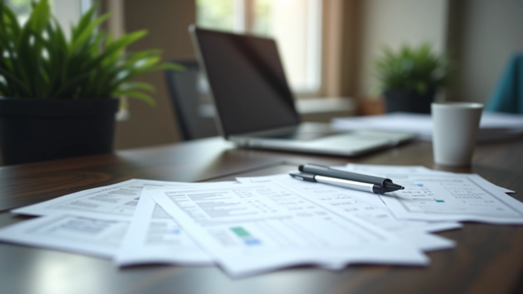 Bureau moderne avec ordinateur, documents financiers et calculs d'épargne, ambiance professionnelle